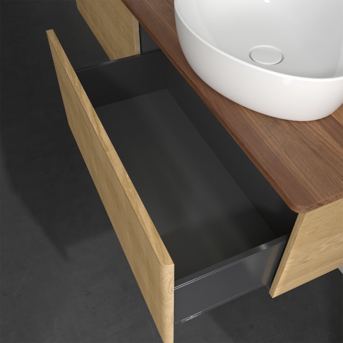 Villeroy & Boch Antao Waschbeckenunterschrank, 160 x 36 cm, 2 Auszüge mit LED-Licht, Front mit Struktur, mit Hahnloch, für Waschtisch links und rechts