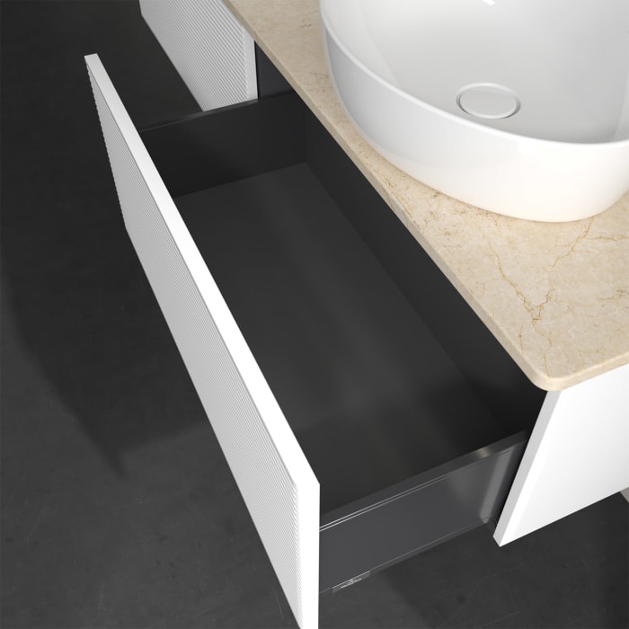 Villeroy & Boch Antao Waschbeckenunterschrank, 160 x 36 cm, 2 Auszüge mit LED-Licht, Front mit Struktur, mit Hahnloch, für Waschtisch links und rechts