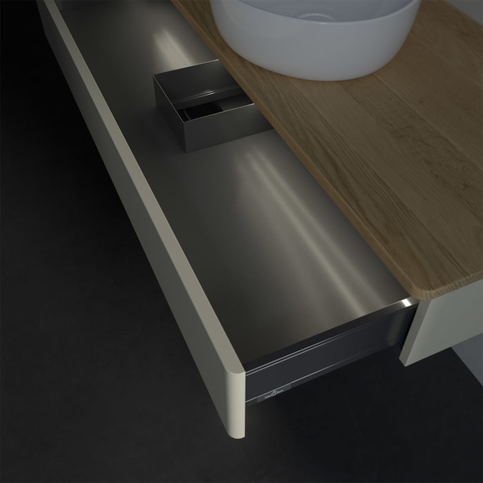 Villeroy & Boch Antao Waschbeckenunterschrank, 120 x 19 cm, 1 Auszug mit LED-Licht, Front ohne Struktur, ohne Hahnloch, für Waschtisch mittig