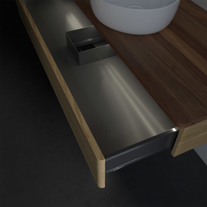 Villeroy & Boch Antao Waschbeckenunterschrank, 120 x 19 cm, 1 Auszug mit LED-Licht, Front ohne Struktur, ohne Hahnloch, für Waschtisch mittig