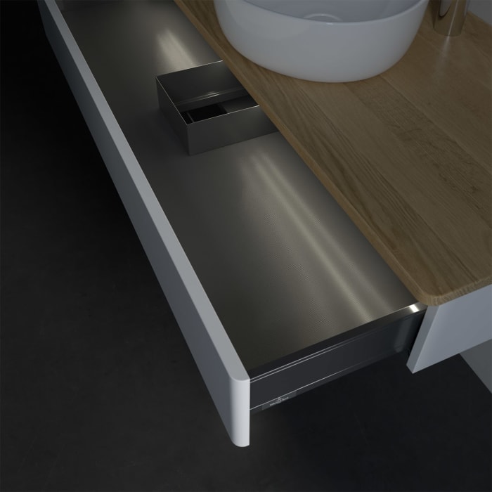 Villeroy & Boch Antao Waschbeckenunterschrank, 120 x 19 cm, 1 Auszug mit LED-Licht, Front ohne Struktur, mit Hahnloch, für Waschtisch mittig