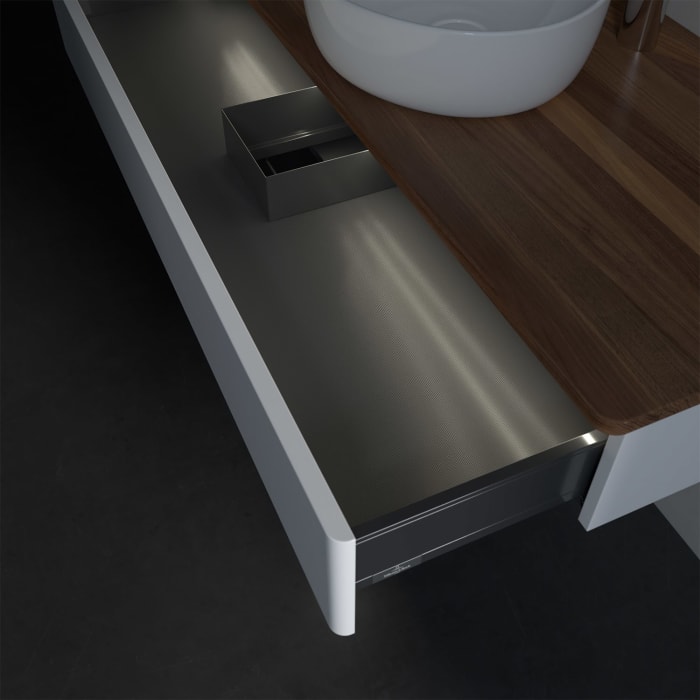 Villeroy & Boch Antao Waschbeckenunterschrank, 120 x 19 cm, 1 Auszug mit LED-Licht, Front ohne Struktur, mit Hahnloch, für Waschtisch mittig