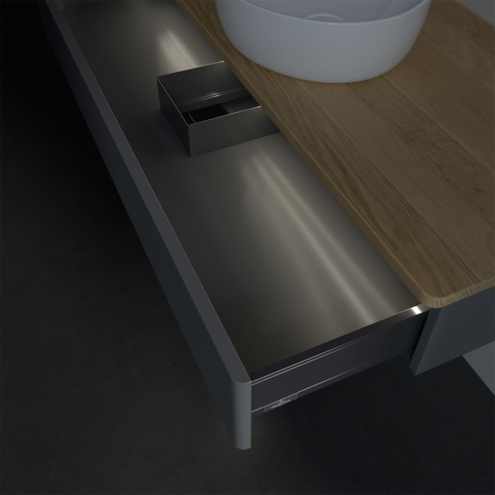 Villeroy & Boch Antao Waschbeckenunterschrank, 120 x 19 cm, 1 Auszug mit LED-Licht, Front mit Struktur, ohne Hahnloch, für Waschtisch mittig