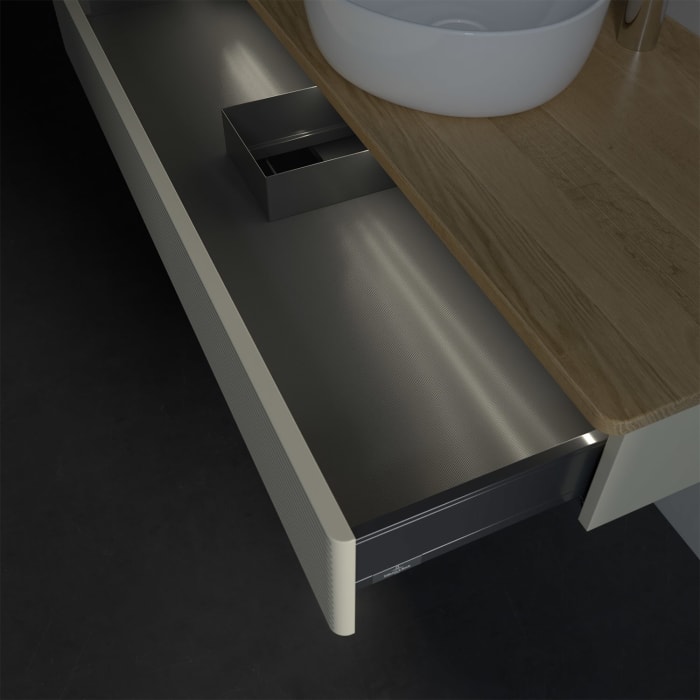 Villeroy & Boch Antao Waschbeckenunterschrank, 120 x 19 cm, 1 Auszug mit LED-Licht, Front mit Struktur, mit Hahnloch, für Waschtisch mittig