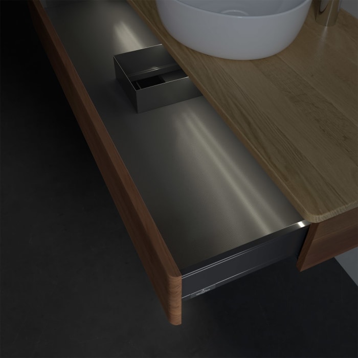 Villeroy & Boch Antao Waschbeckenunterschrank, 120 x 19 cm, 1 Auszug mit LED-Licht, Front mit Struktur, mit Hahnloch, für Waschtisch mittig