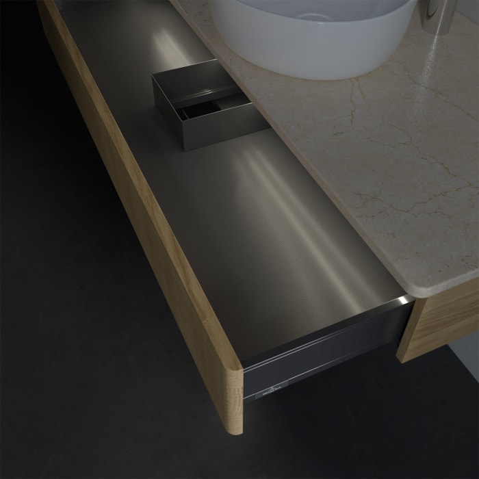 Villeroy & Boch Antao Waschbeckenunterschrank, 120 x 19 cm, 1 Auszug mit LED-Licht, Front mit Struktur, mit Hahnloch, für Waschtisch mittig