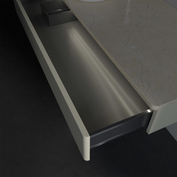 Villeroy & Boch Antao Waschbeckenunterschrank, 120 x 19 cm, 1 Auszug mit LED-Licht, Front ohne Struktur, mit Hahnloch, für Waschtisch links