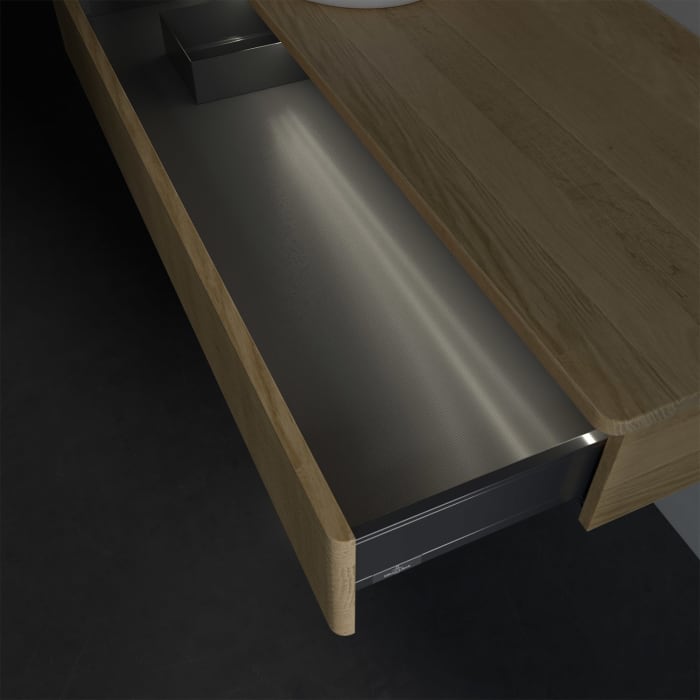 Villeroy & Boch Antao Waschbeckenunterschrank, 120 x 19 cm, 1 Auszug mit LED-Licht, Front mit Struktur, ohne Hahnloch, für Waschtisch links