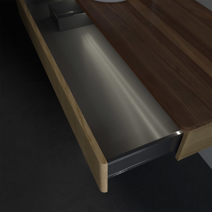 Villeroy & Boch Antao Waschbeckenunterschrank, 120 x 19 cm, 1 Auszug mit LED-Licht, Front mit Struktur, mit Hahnloch, für Waschtisch links