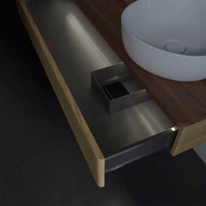 Villeroy & Boch Antao Waschbeckenunterschrank, 120 x 19 cm, 1 Auszug mit LED-Licht, Front mit Struktur, ohne Hahnloch, für Waschtisch rechts