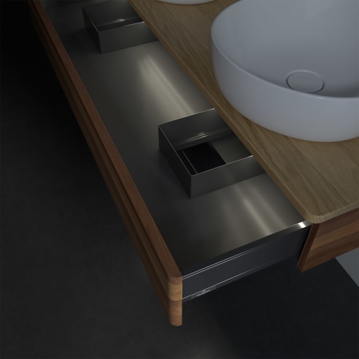 Villeroy & Boch Antao Waschbeckenunterschrank, 120 x 19 cm, 1 Auszug mit LED-Licht, Front ohne Struktur, mit Hahnloch, für Waschtisch links und rechts