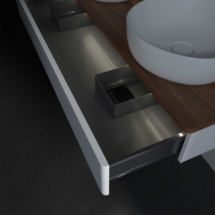 Villeroy & Boch Antao Waschbeckenunterschrank, 120 x 19 cm, 1 Auszug mit LED-Licht, Front ohne Struktur, mit Hahnloch, für Waschtisch links und rechts