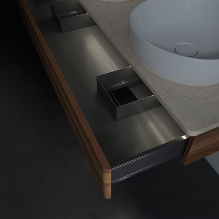 Villeroy & Boch Antao Waschbeckenunterschrank, 120 x 19 cm, 1 Auszug mit LED-Licht, Front ohne Struktur, mit Hahnloch, für Waschtisch links und rechts