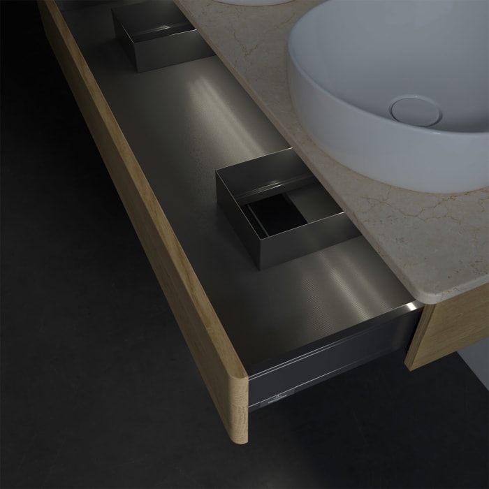 Villeroy & Boch Antao Waschbeckenunterschrank, 120 x 19 cm, 1 Auszug mit LED-Licht, Front ohne Struktur, mit Hahnloch, für Waschtisch links und rechts