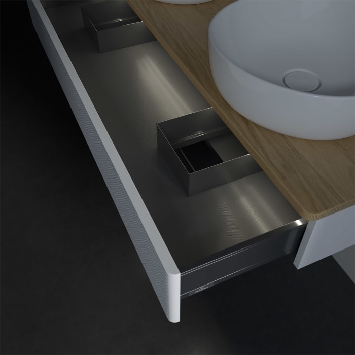 Villeroy & Boch Antao Waschbeckenunterschrank, 120 x 19 cm, 1 Auszug mit LED-Licht, Front mit Struktur, mit Hahnloch, für Waschtisch links und rechts