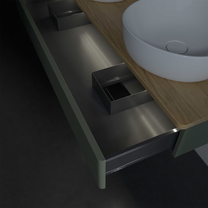 Villeroy & Boch Antao Waschbeckenunterschrank, 120 x 19 cm, 1 Auszug mit LED-Licht, Front mit Struktur, mit Hahnloch, für Waschtisch links und rechts