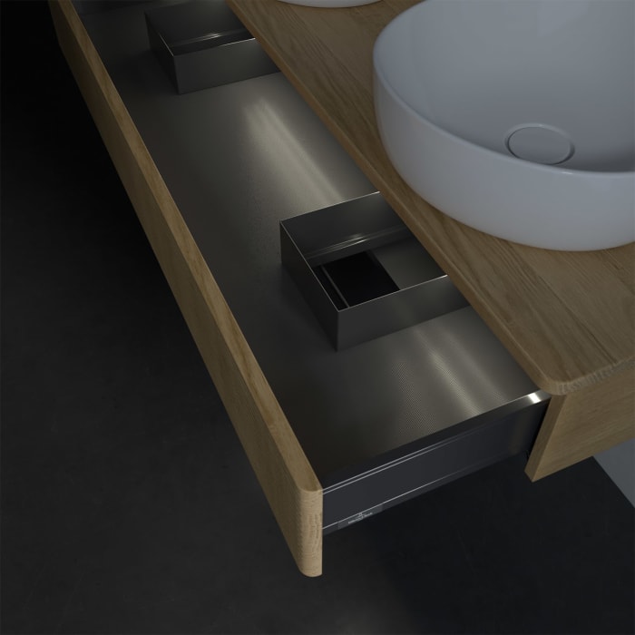 Villeroy & Boch Antao Waschbeckenunterschrank, 120 x 19 cm, 1 Auszug mit LED-Licht, Front mit Struktur, mit Hahnloch, für Waschtisch links und rechts