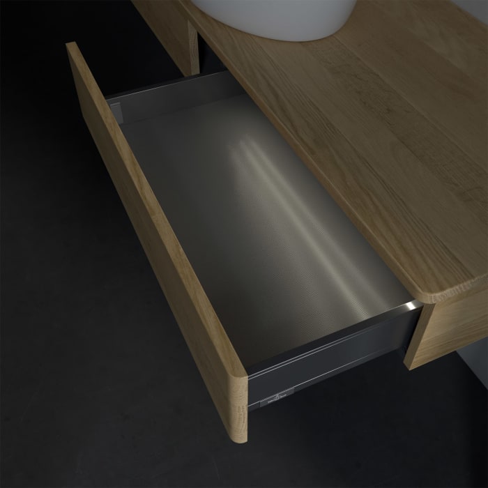 Villeroy & Boch Antao Waschbeckenunterschrank, 160 x 19 cm, 2 Auszüge mit LED-Licht, Front ohne Struktur, ohne Hahnloch, für Waschtisch mittig