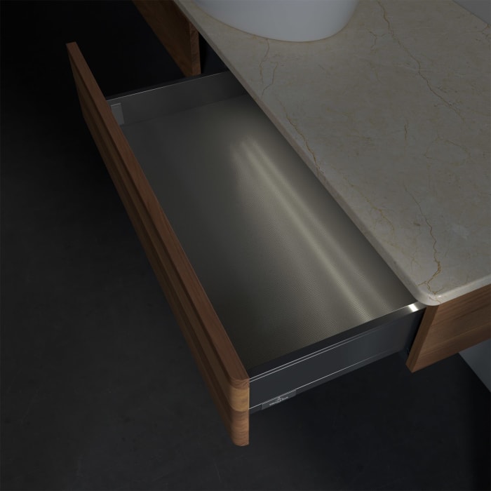 Villeroy & Boch Antao Waschbeckenunterschrank, 160 x 19 cm, 2 Auszüge mit LED-Licht, Front ohne Struktur, ohne Hahnloch, für Waschtisch mittig