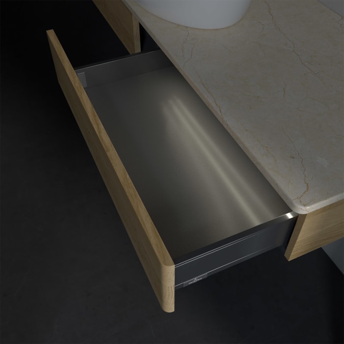 Villeroy & Boch Antao Waschbeckenunterschrank, 160 x 19 cm, 2 Auszüge mit LED-Licht, Front ohne Struktur, ohne Hahnloch, für Waschtisch mittig