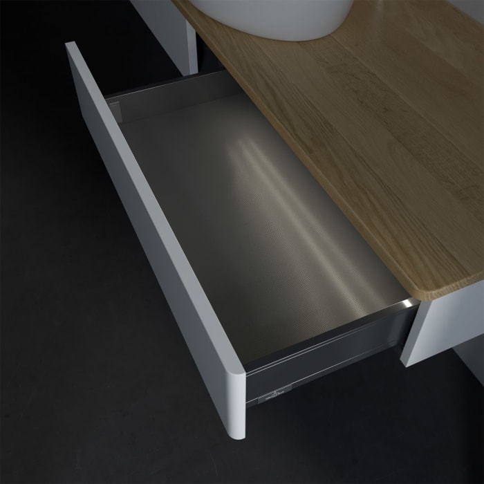 Villeroy & Boch Antao Waschbeckenunterschrank, 160 x 19 cm, 2 Auszüge mit LED-Licht, Front ohne Struktur, mit Hahnloch, für Waschtisch mittig