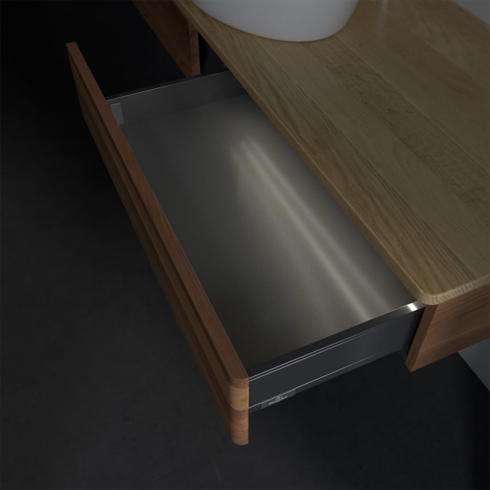 Villeroy & Boch Antao Waschbeckenunterschrank, 160 x 19 cm, 2 Auszüge mit LED-Licht, Front ohne Struktur, mit Hahnloch, für Waschtisch mittig