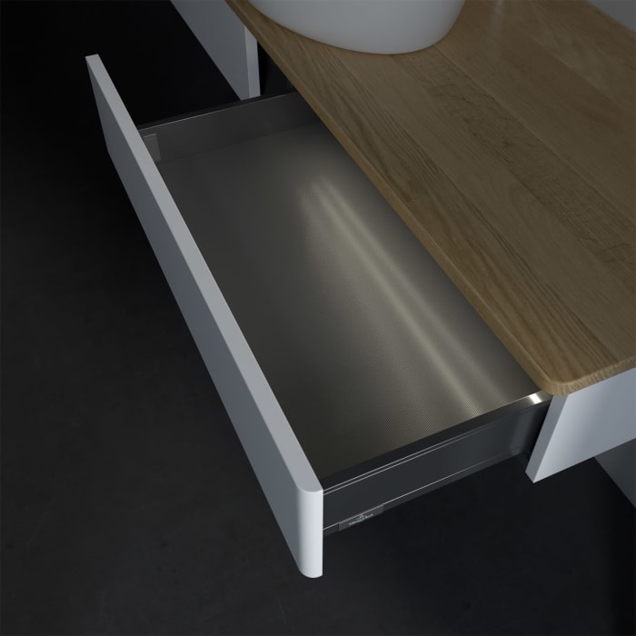 Villeroy & Boch Antao Waschbeckenunterschrank, 160 x 19 cm, 2 Auszüge mit LED-Licht, Front ohne Struktur, mit Hahnloch, für Waschtisch mittig