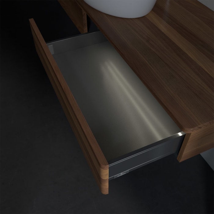 Villeroy & Boch Antao Waschbeckenunterschrank, 160 x 19 cm, 2 Auszüge mit LED-Licht, Front ohne Struktur, mit Hahnloch, für Waschtisch mittig