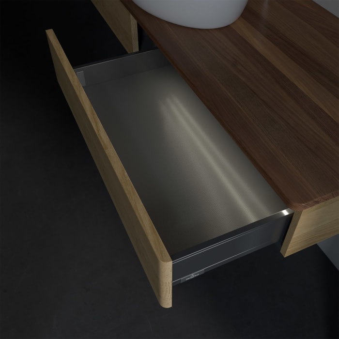 Villeroy & Boch Antao Waschbeckenunterschrank, 160 x 19 cm, 2 Auszüge mit LED-Licht, Front ohne Struktur, mit Hahnloch, für Waschtisch mittig