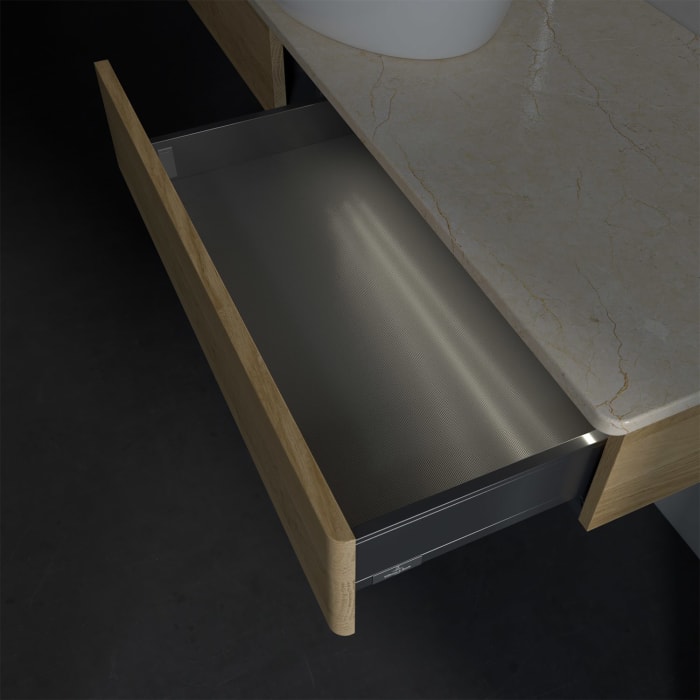 Villeroy & Boch Antao Waschbeckenunterschrank, 160 x 19 cm, 2 Auszüge mit LED-Licht, Front ohne Struktur, mit Hahnloch, für Waschtisch mittig