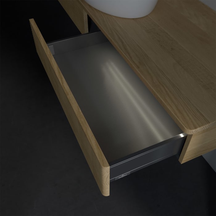 Villeroy & Boch Antao Waschbeckenunterschrank, 160 x 19 cm, 2 Auszüge mit LED-Licht, Front mit Struktur, ohne Hahnloch, für Waschtisch mittig