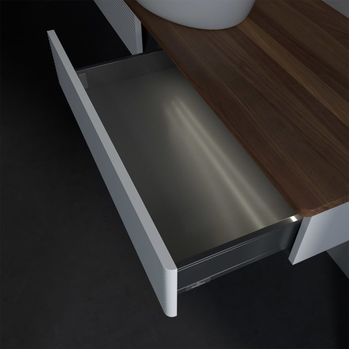 Villeroy & Boch Antao Waschbeckenunterschrank, 160 x 19 cm, 2 Auszüge mit LED-Licht, Front mit Struktur, ohne Hahnloch, für Waschtisch mittig