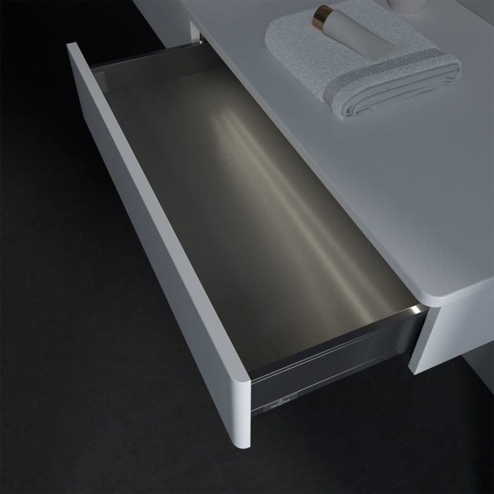 Villeroy & Boch Antao Waschbeckenunterschrank, 160 x 19 cm, 2 Auszüge mit LED-Licht, Front ohne Struktur, ohne Hahnloch, für Waschtisch links