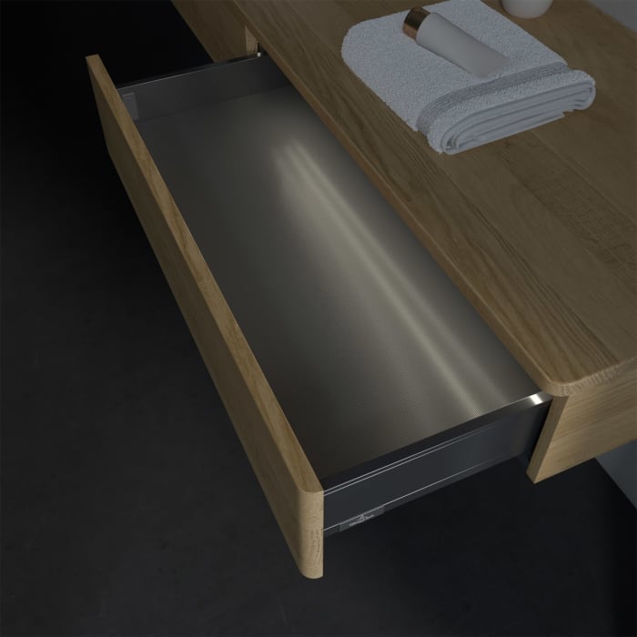 Villeroy & Boch Antao Waschbeckenunterschrank, 160 x 19 cm, 2 Auszüge mit LED-Licht, Front ohne Struktur, ohne Hahnloch, für Waschtisch links