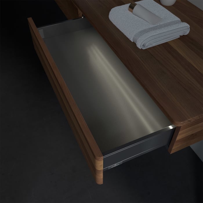 Villeroy & Boch Antao Waschbeckenunterschrank, 160 x 19 cm, 2 Auszüge mit LED-Licht, Front ohne Struktur, ohne Hahnloch, für Waschtisch links