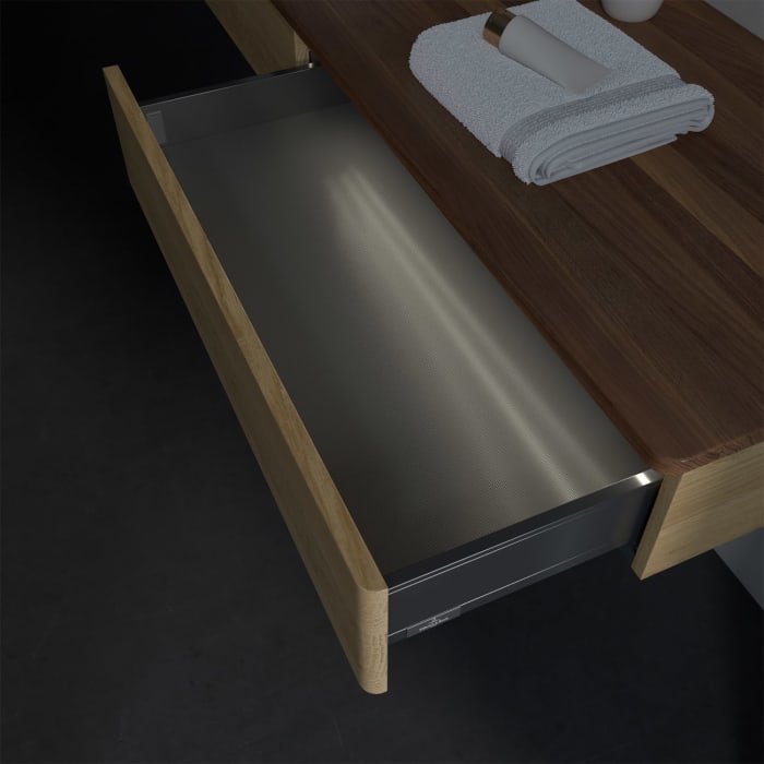 Villeroy & Boch Antao Waschbeckenunterschrank, 160 x 19 cm, 2 Auszüge mit LED-Licht, Front ohne Struktur, ohne Hahnloch, für Waschtisch links