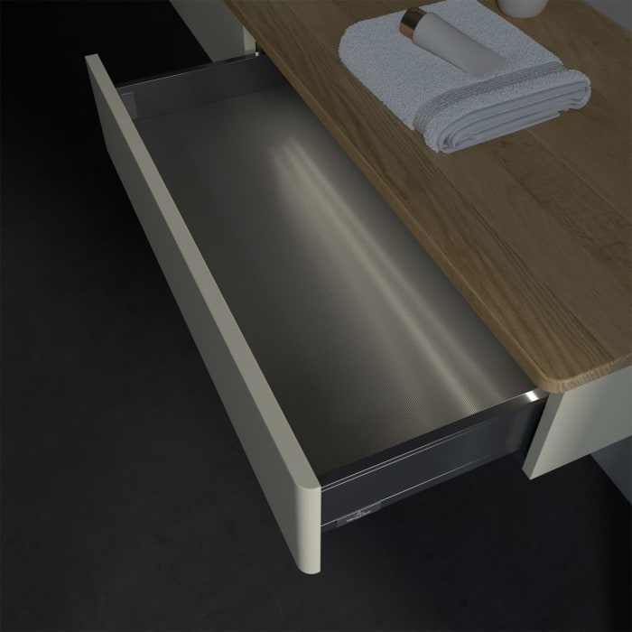 Villeroy & Boch Antao Waschbeckenunterschrank, 160 x 19 cm, 2 Auszüge mit LED-Licht, Front ohne Struktur, mit Hahnloch, für Waschtisch links