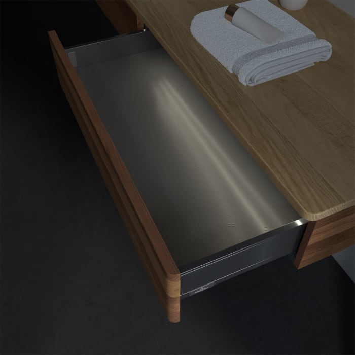 Villeroy & Boch Antao Waschbeckenunterschrank, 160 x 19 cm, 2 Auszüge mit LED-Licht, Front ohne Struktur, mit Hahnloch, für Waschtisch links