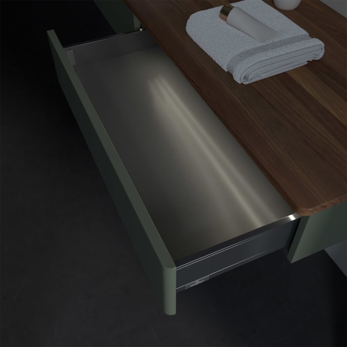 Villeroy & Boch Antao Waschbeckenunterschrank, 160 x 19 cm, 2 Auszüge mit LED-Licht, Front ohne Struktur, mit Hahnloch, für Waschtisch links