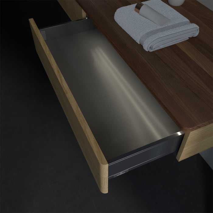 Villeroy & Boch Antao Waschbeckenunterschrank, 160 x 19 cm, 2 Auszüge mit LED-Licht, Front ohne Struktur, mit Hahnloch, für Waschtisch links