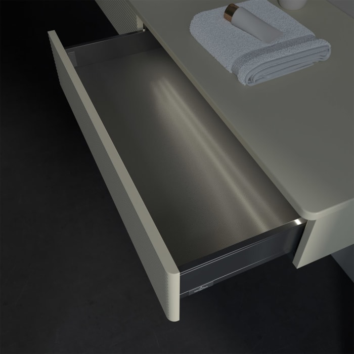 Villeroy & Boch Antao Waschbeckenunterschrank, 160 x 19 cm, 2 Auszüge mit LED-Licht, Front mit Struktur, ohne Hahnloch, für Waschtisch links