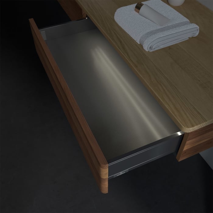 Villeroy & Boch Antao Waschbeckenunterschrank, 160 x 19 cm, 2 Auszüge mit LED-Licht, Front mit Struktur, ohne Hahnloch, für Waschtisch links