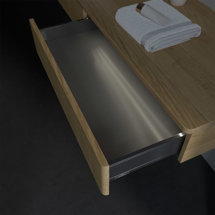 Villeroy & Boch Antao Waschbeckenunterschrank, 160 x 19 cm, 2 Auszüge mit LED-Licht, Front mit Struktur, ohne Hahnloch, für Waschtisch links