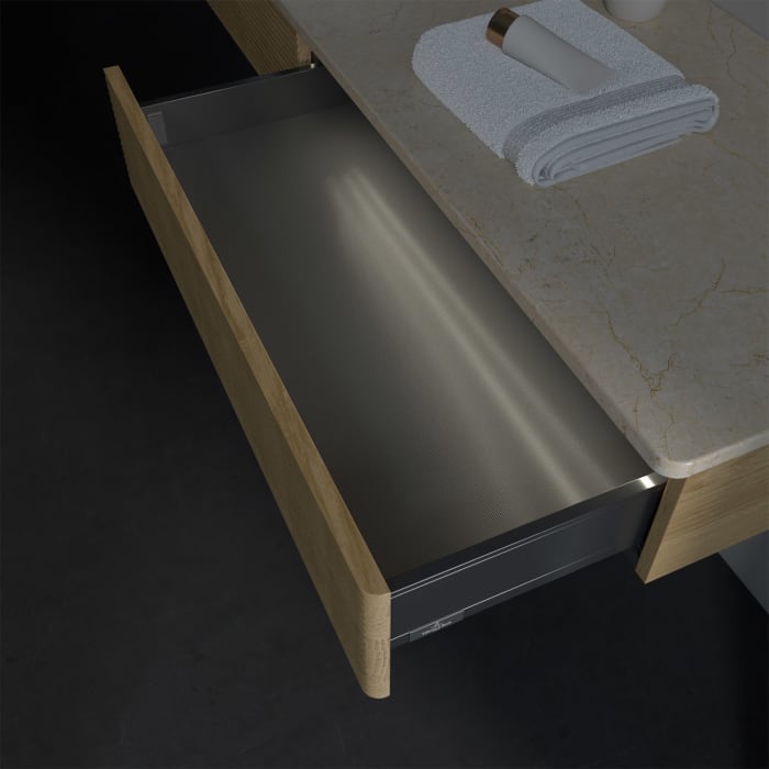 Villeroy & Boch Antao Waschbeckenunterschrank, 160 x 19 cm, 2 Auszüge mit LED-Licht, Front mit Struktur, ohne Hahnloch, für Waschtisch links