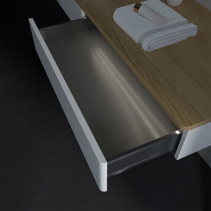 Villeroy & Boch Antao Waschbeckenunterschrank, 160 x 19 cm, 2 Auszüge mit LED-Licht, Front mit Struktur, mit Hahnloch, für Waschtisch links