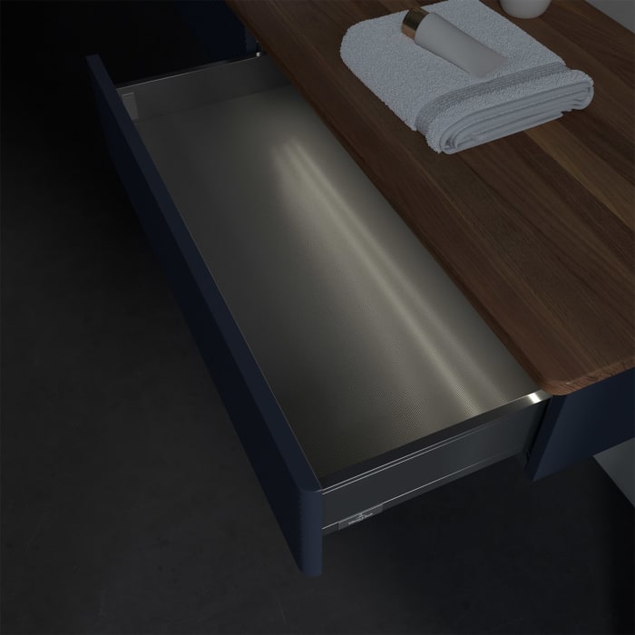 Villeroy & Boch Antao Waschbeckenunterschrank, 160 x 19 cm, 2 Auszüge mit LED-Licht, Front mit Struktur, mit Hahnloch, für Waschtisch links