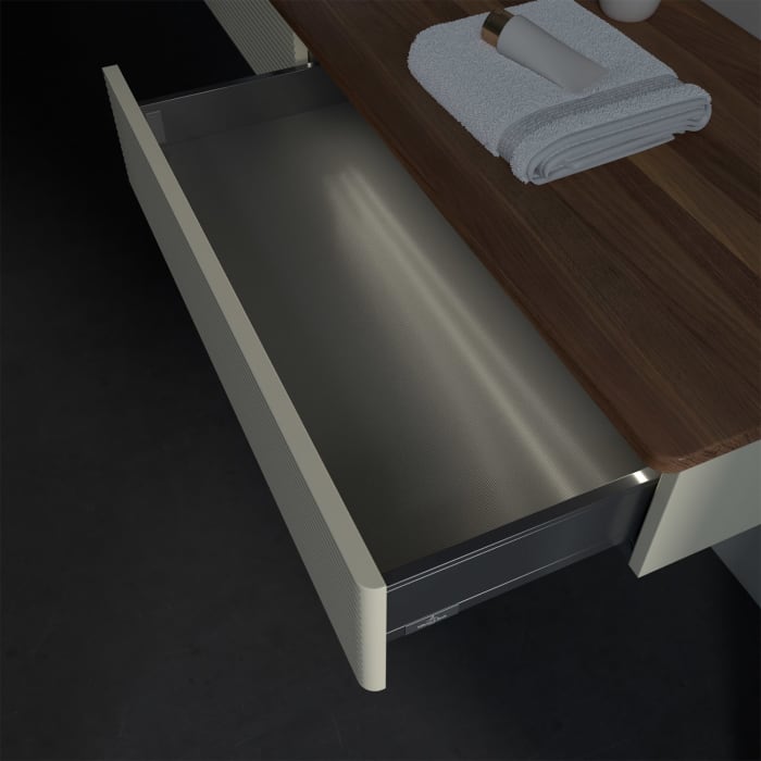 Villeroy & Boch Antao Waschbeckenunterschrank, 160 x 19 cm, 2 Auszüge mit LED-Licht, Front mit Struktur, mit Hahnloch, für Waschtisch links