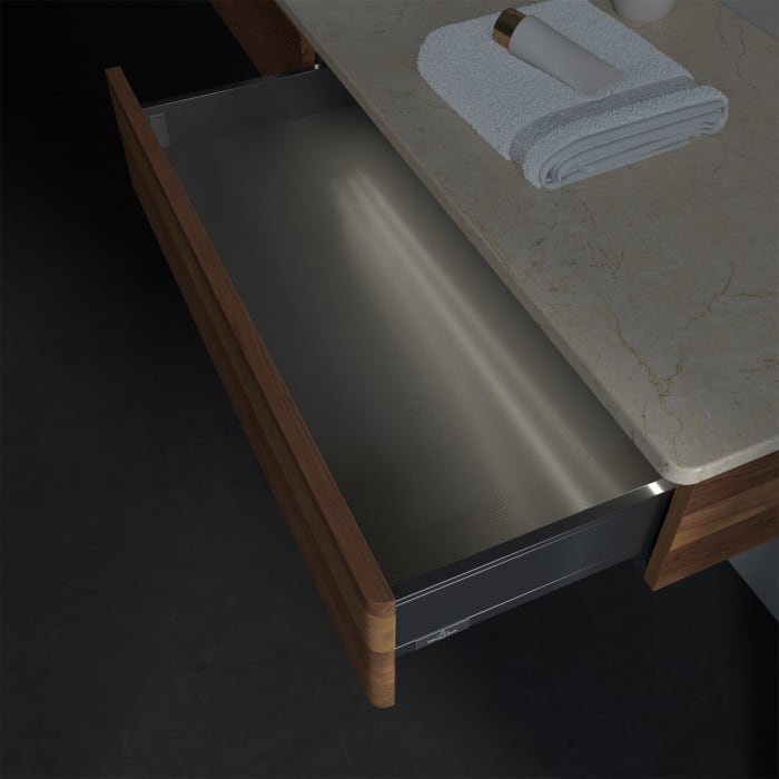 Villeroy & Boch Antao Waschbeckenunterschrank, 160 x 19 cm, 2 Auszüge mit LED-Licht, Front mit Struktur, mit Hahnloch, für Waschtisch links