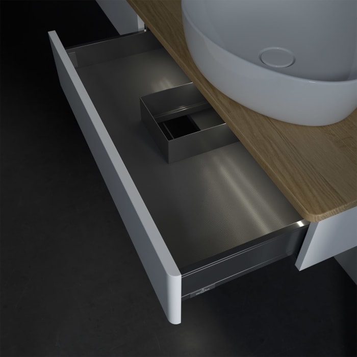 Villeroy & Boch Antao Waschbeckenunterschrank, 160 x 19 cm, 2 Auszüge mit LED-Licht, Front ohne Struktur, ohne Hahnloch, für Waschtisch rechts