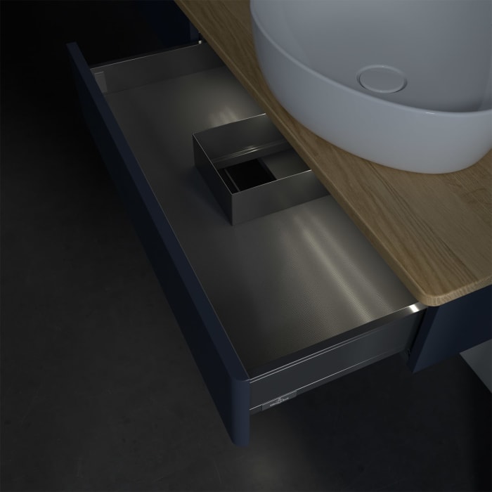 Villeroy & Boch Antao Waschbeckenunterschrank, 160 x 19 cm, 2 Auszüge mit LED-Licht, Front ohne Struktur, mit Hahnloch, für Waschtisch rechts